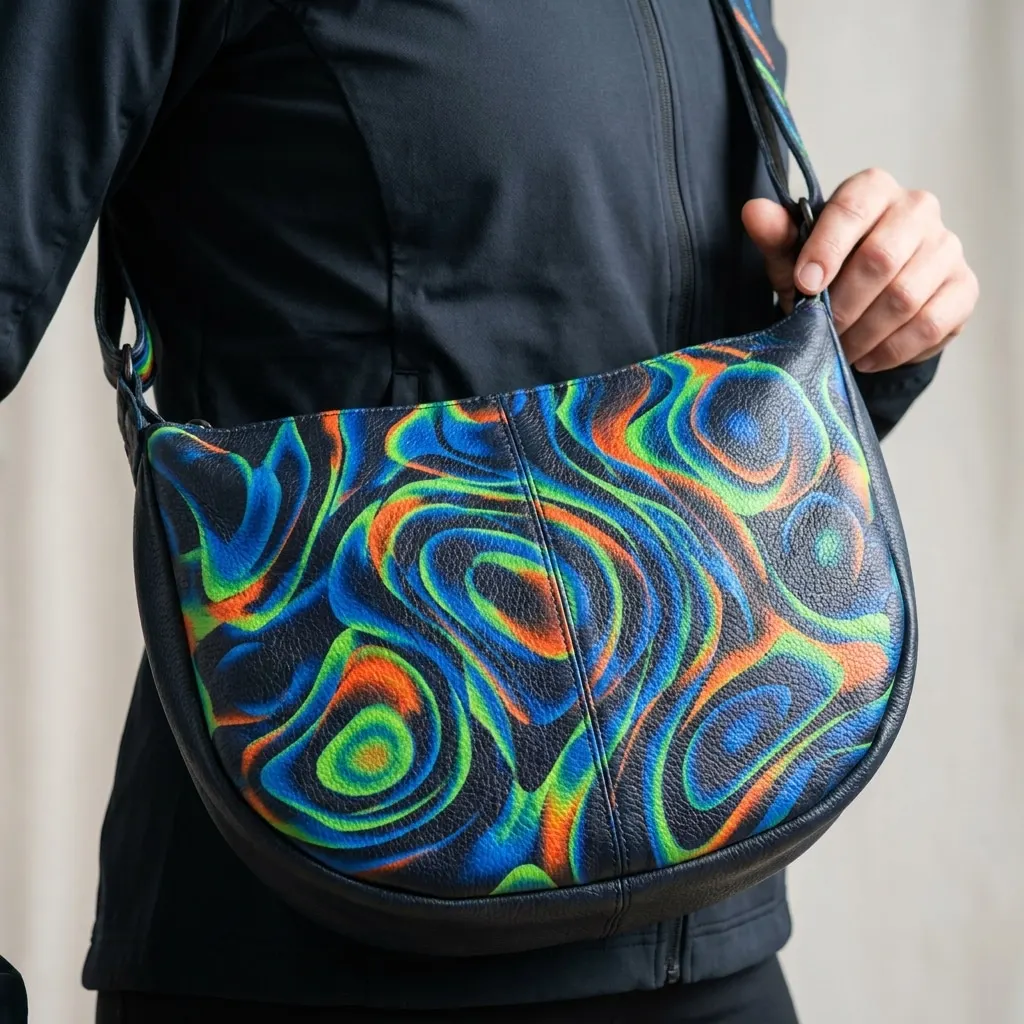 Pulse Motion Energy Leather Handbag with Vibrant Abstract Design