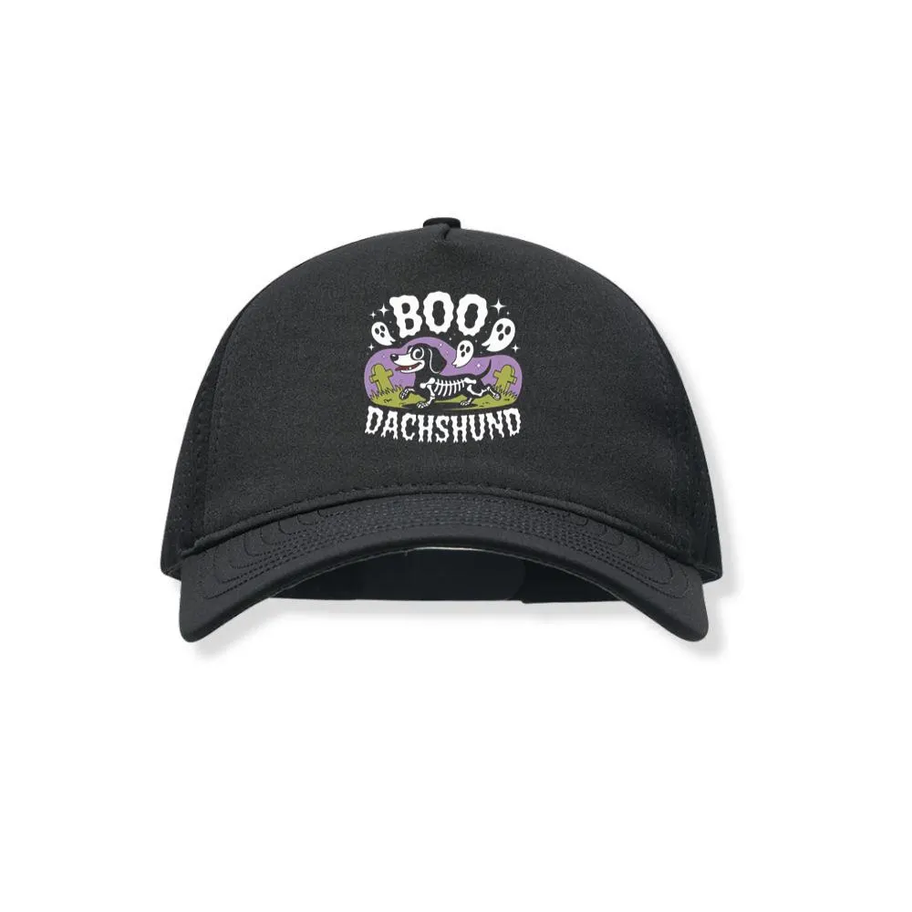 Boo Dachshund Skeleton Dog Halloween Cartoon Design Black Hat